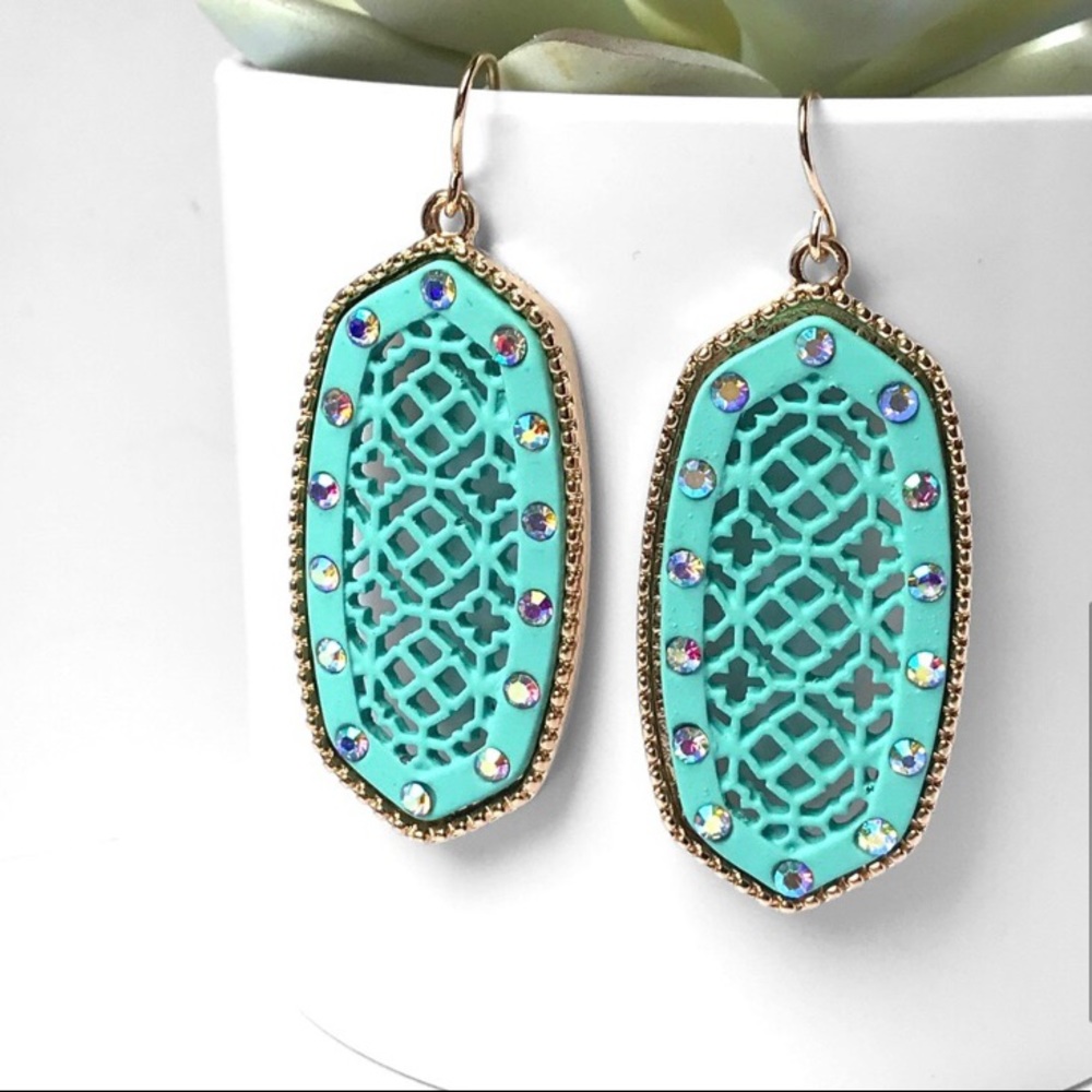 Aqua filigree dangle women’s rhinestone detail pretty fall earrings - Picture 4 of 4